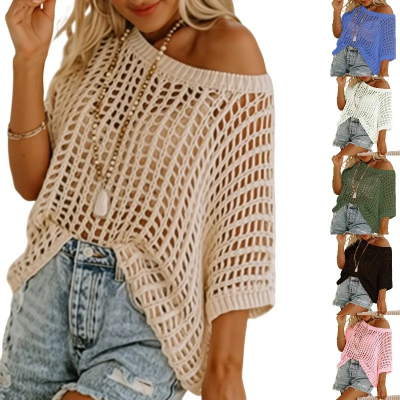 

Summer2025 Sexy Hollowed-out Pullover Top Mid Sleeves Off-the-shoulder Beach Blouse Knitted Sweater Women Beach Seaside Vacation