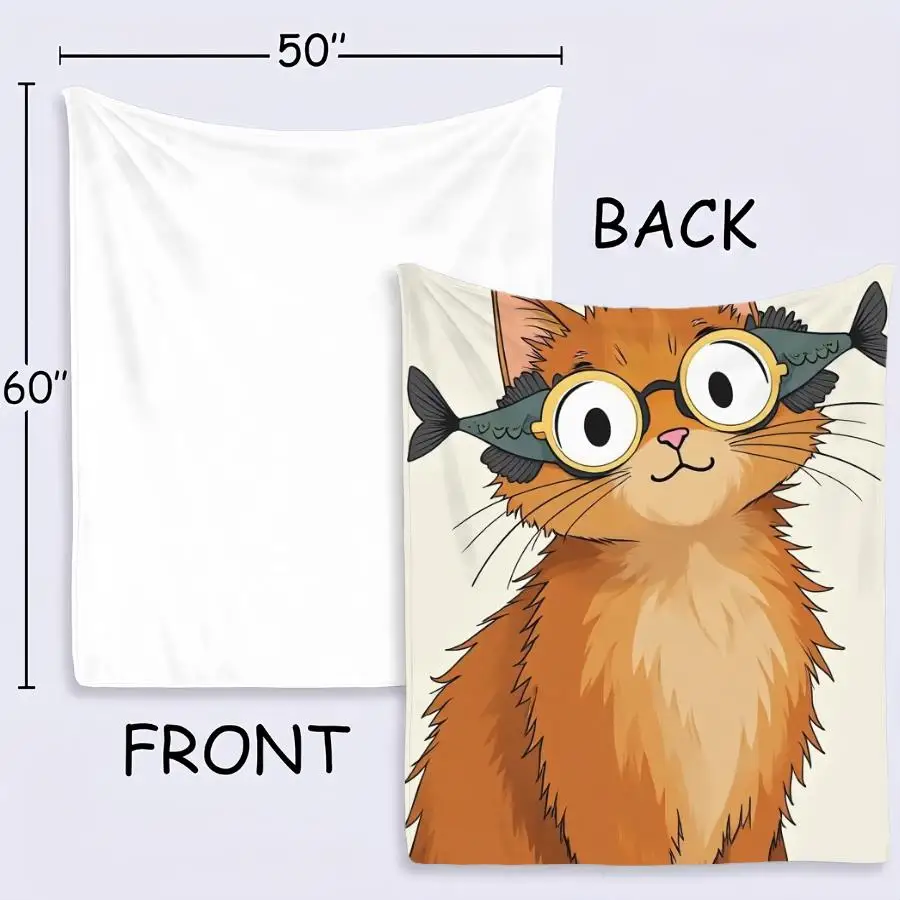 Weighted Blanket Suitable for Cat Lovers - Orange Tabby Kitten & Fish Design, Soft Warm 280 GSM Flannel Throw, Machine Washable Bedspread for Sofa, Bed, - Cozy Gift for &, Contemporary Hand-Drawn Animal Bedding