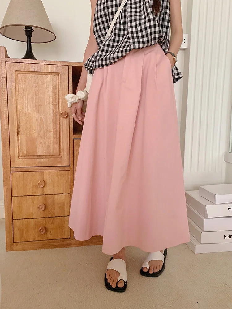 

Pink A-Line Midi Skirt Women's Loose Fit Summer New Sle Quali Simple Sle Fro Korean Sle Commute mid Waist Design