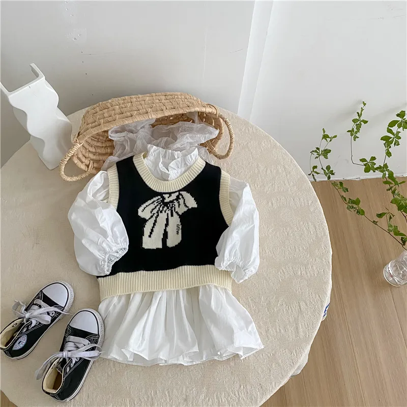 

MILANCEL Autumn Children's Clothes Set Girls Knitted Vest Long Sleeve Princess Dress 2 Pcs