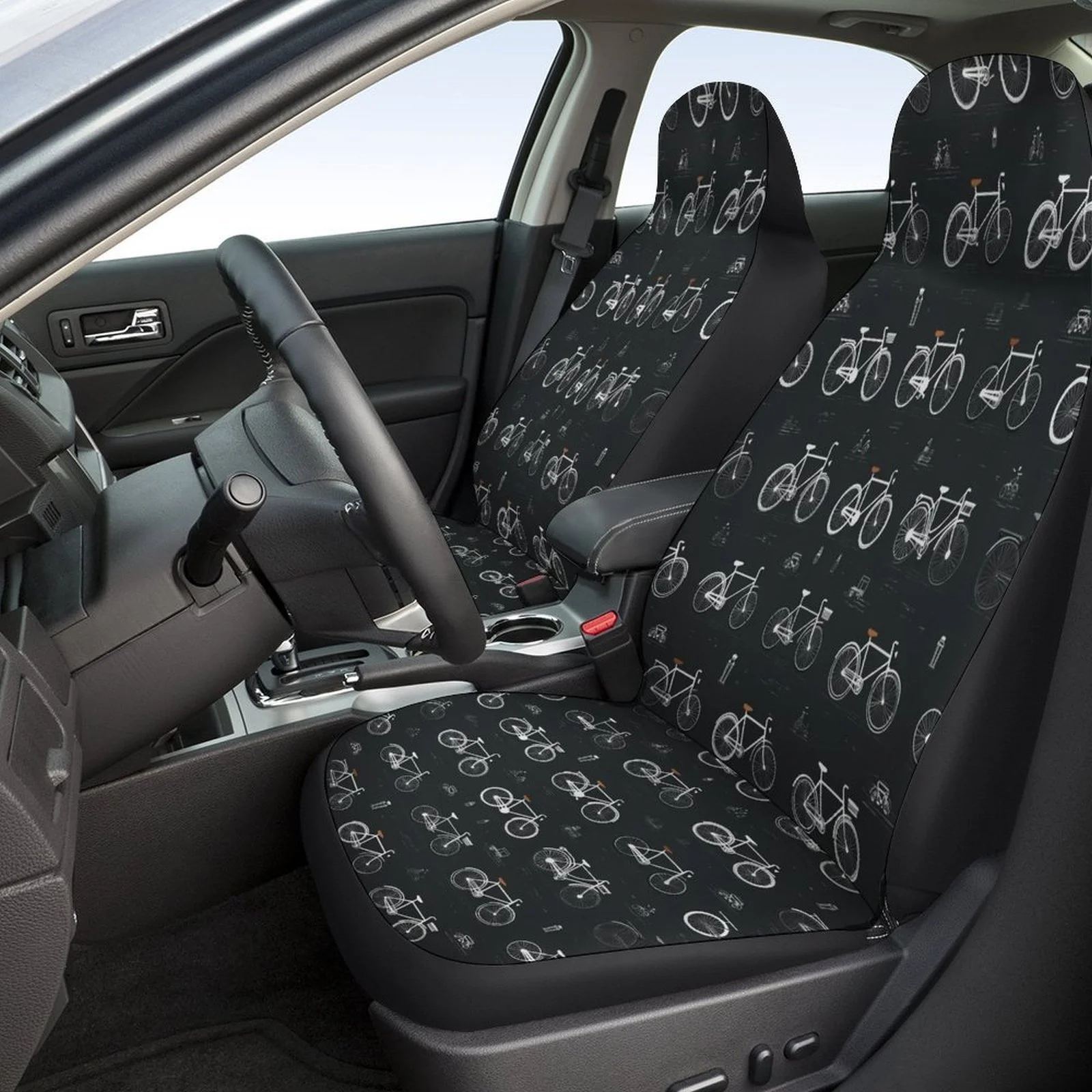 Set Of Car Seat Covers Featuring A Bicycle Pattern, Suitable For A Variety Of Vehicles. Stylish And Unique, This Complete Set In