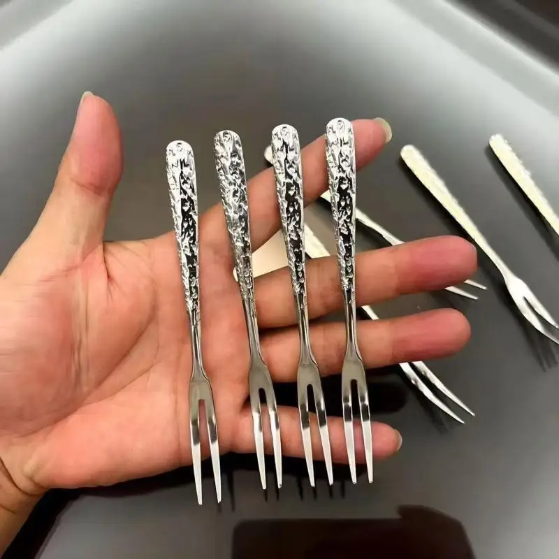 Stainless Steel Fruit Forks Hammered Textured Handle Rust Proof Portable for Travel Work Fruit Eating