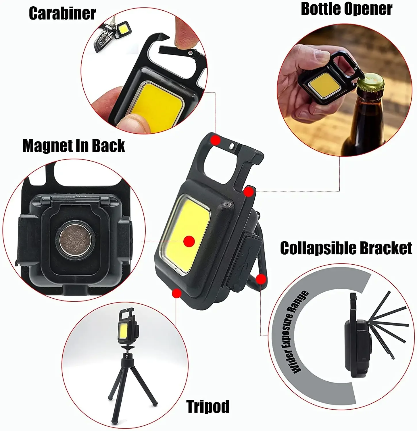 Mini Square LED Keychain Light MultiFunction Pocket Work Light Portable USB Rechargeable Torch with Corkscrew Camping Fishing