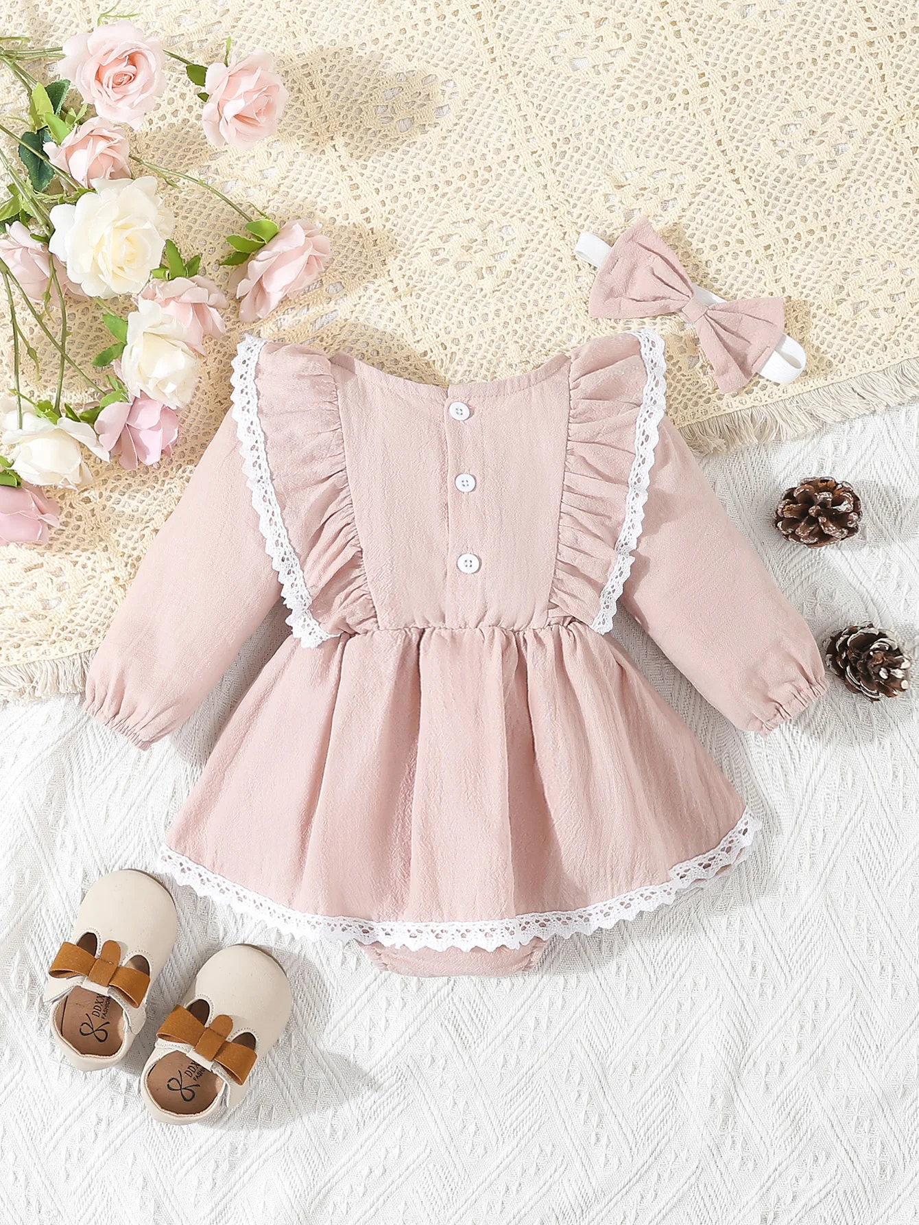 Baby Girl‘s Clothes 2Pcs Cute Lace Ruffled Long Sleeve Cotton Dress Headwear Toddler Girl\'s Clothing Outfit Set