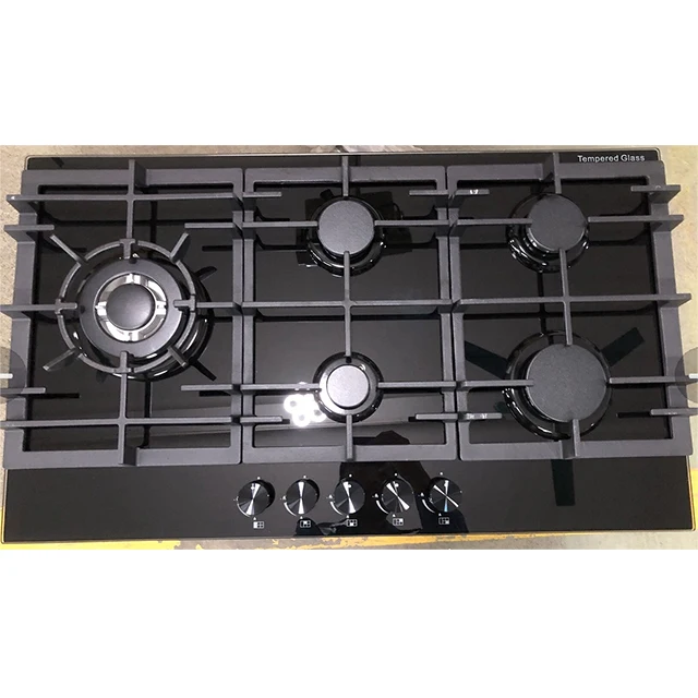 

90cm Built In Gas Cooktop 5 Burners L.P.G. Black Glass Gas Stove Top