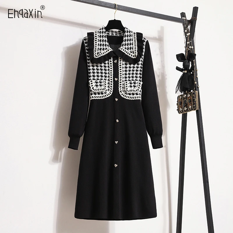 

EHQAXIN Women's Knitted Dress Fashion Autumn Winter 2023 Elegant Plaid Doll Neck Single Breasted Row Dress For Female M-4XL