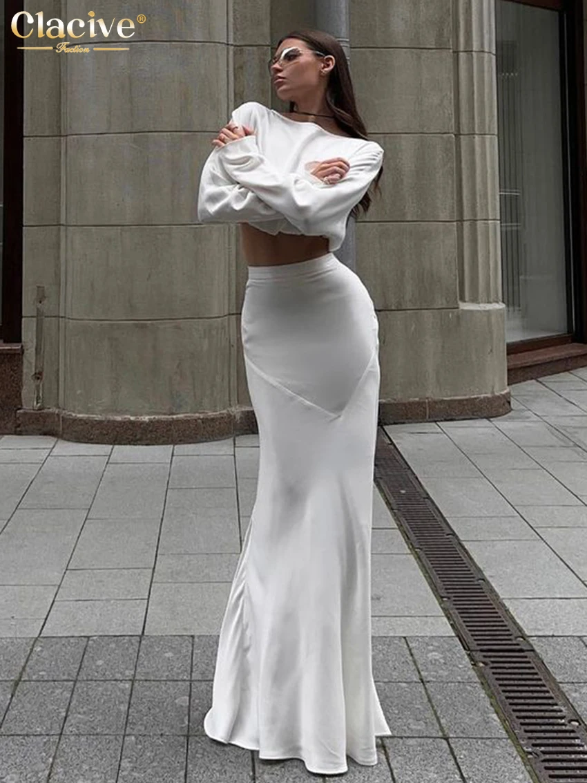 Clacive Sexy White Satin 2 Piece Sets Women Outfit 2024 Fashion Long Sleeve Crop Top With High Waist Long Skirts Set Streetwear