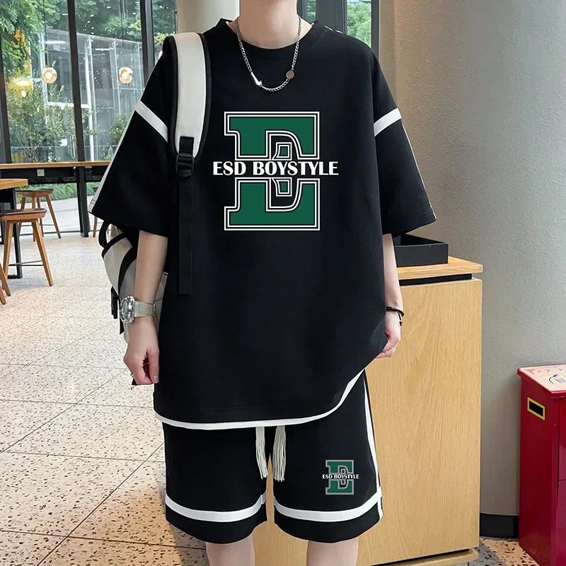 Summer Tracksuit Men Casual Large Size Korean Fashion Suits Y2K T-shirt and Shorts Two-piece Training Sets Streetwear Clothing