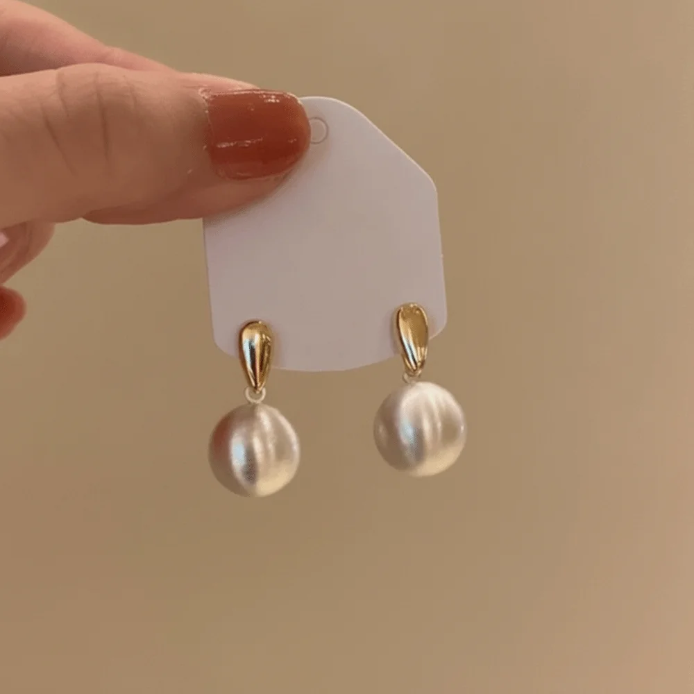 Brushed Metal Ball Pendant Earrings Matte Finish Geometric Shape Metal Earrings Imitation Pearl Contrasting Color Pearl Earrings