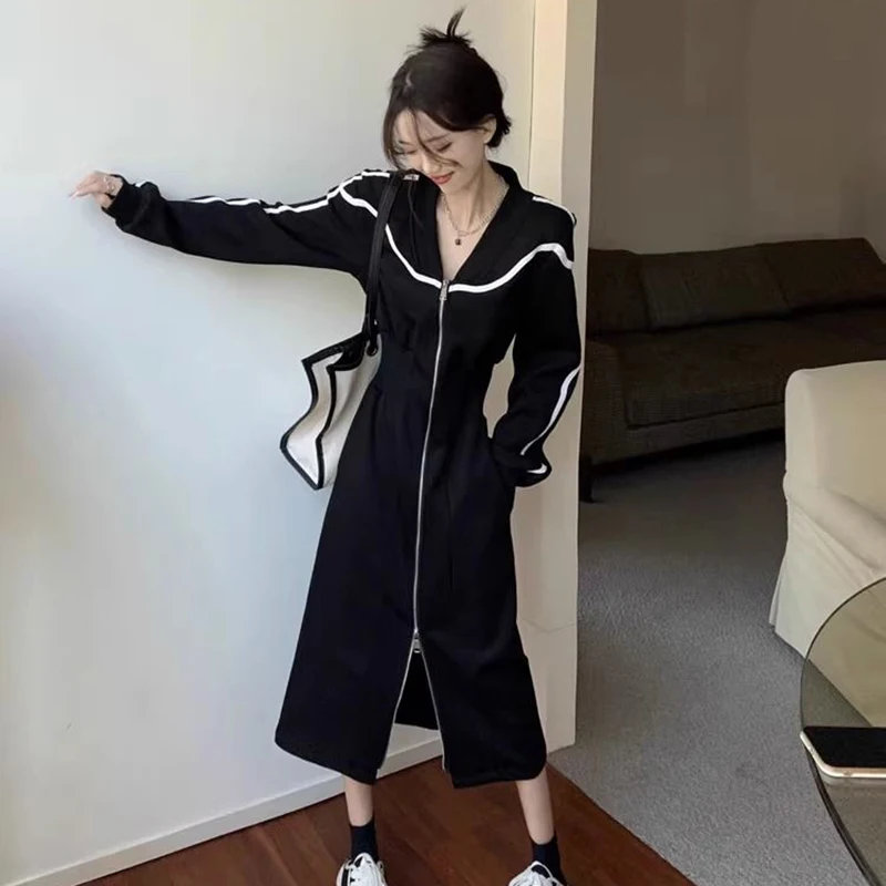 2024 Spring Autumn Long Dress Women Casual Joker New Oversized Long Sleeve Dresses Temperament Slim Elegant Zipper Dress Female