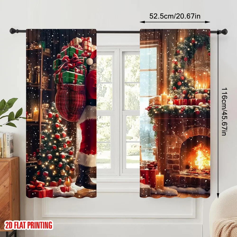 2pcs,2D plane printing Minimalist Curtains Santa Climb the Stairs Polyester Easy Install (without rod) Festive Use for Bedroom,