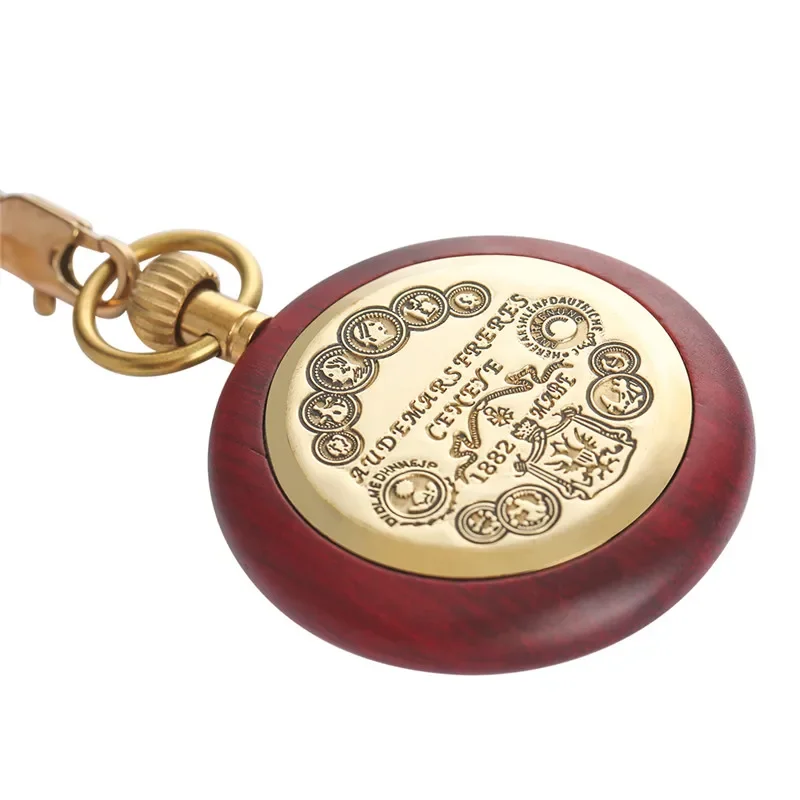 Antique Red Sandalwood Pocket Watch Open Face Automatic Mechanical Watches Roman Number Dial Pendant Chain Clock for Men Women