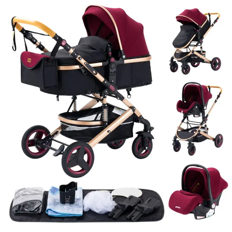 3-in-1 Babywandelwagen met autostoeltje en slaapmandje, lichtgewicht kinderwagen, multifunctionele babybuggy, compacte vouwwagen