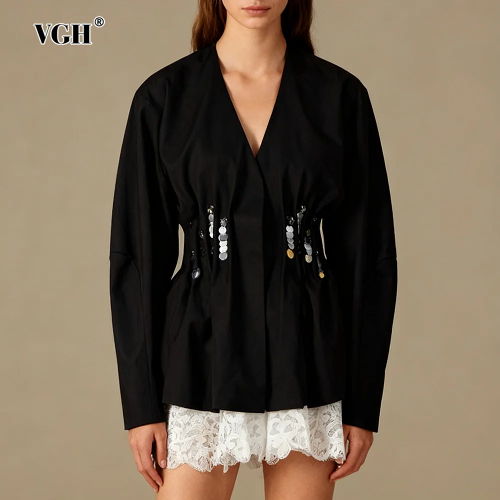 

VGH офисная темпераментная туника с блестками для женщин, блейзер миди с v-образным вырезом и длинными рукавами, кружевной подол, женская модная одежда