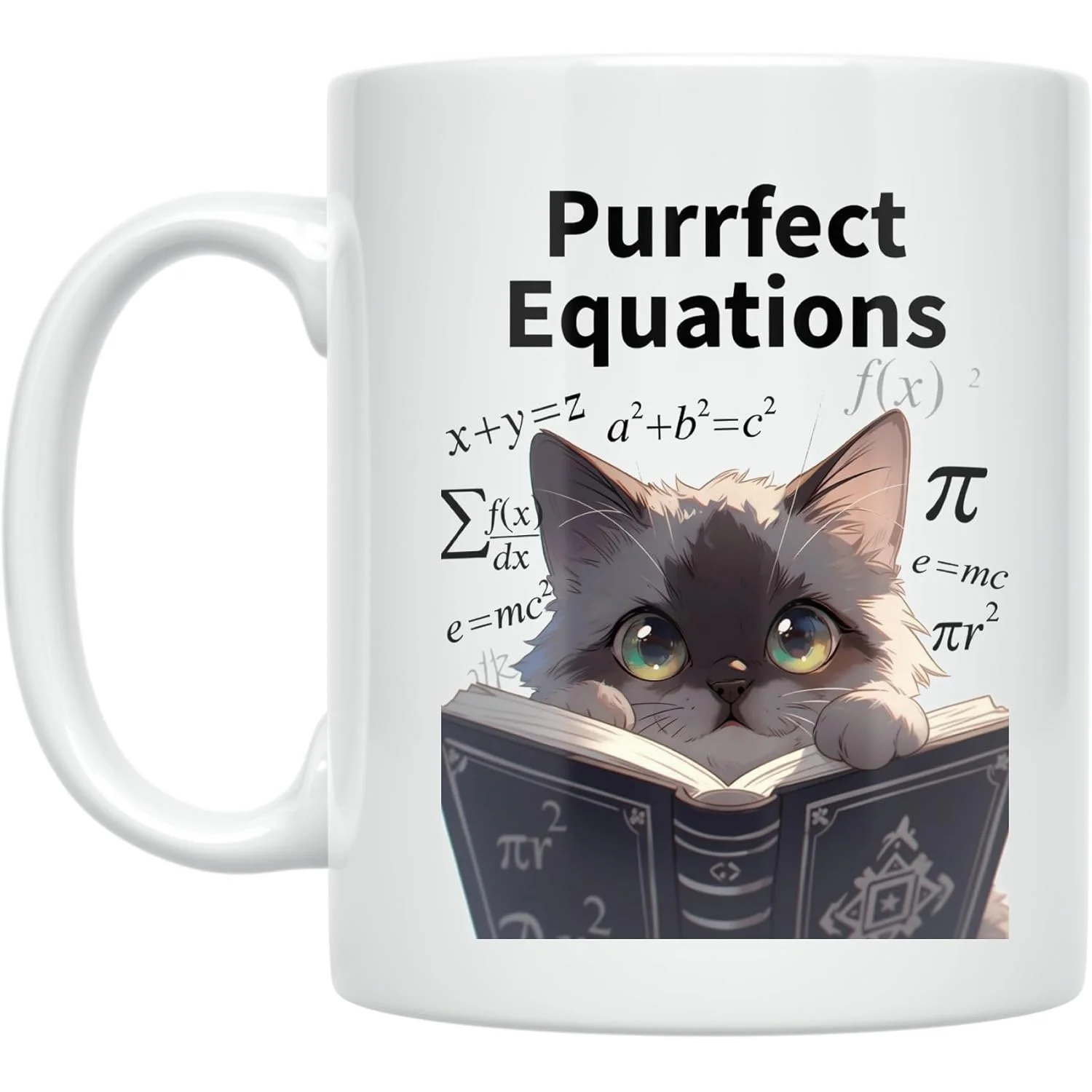 

Purrfect Equations Nerdy Cat- Cat Lover- 11oz White Ceramic Coffee Mug- Playful Design Black Funny Coffee Mug