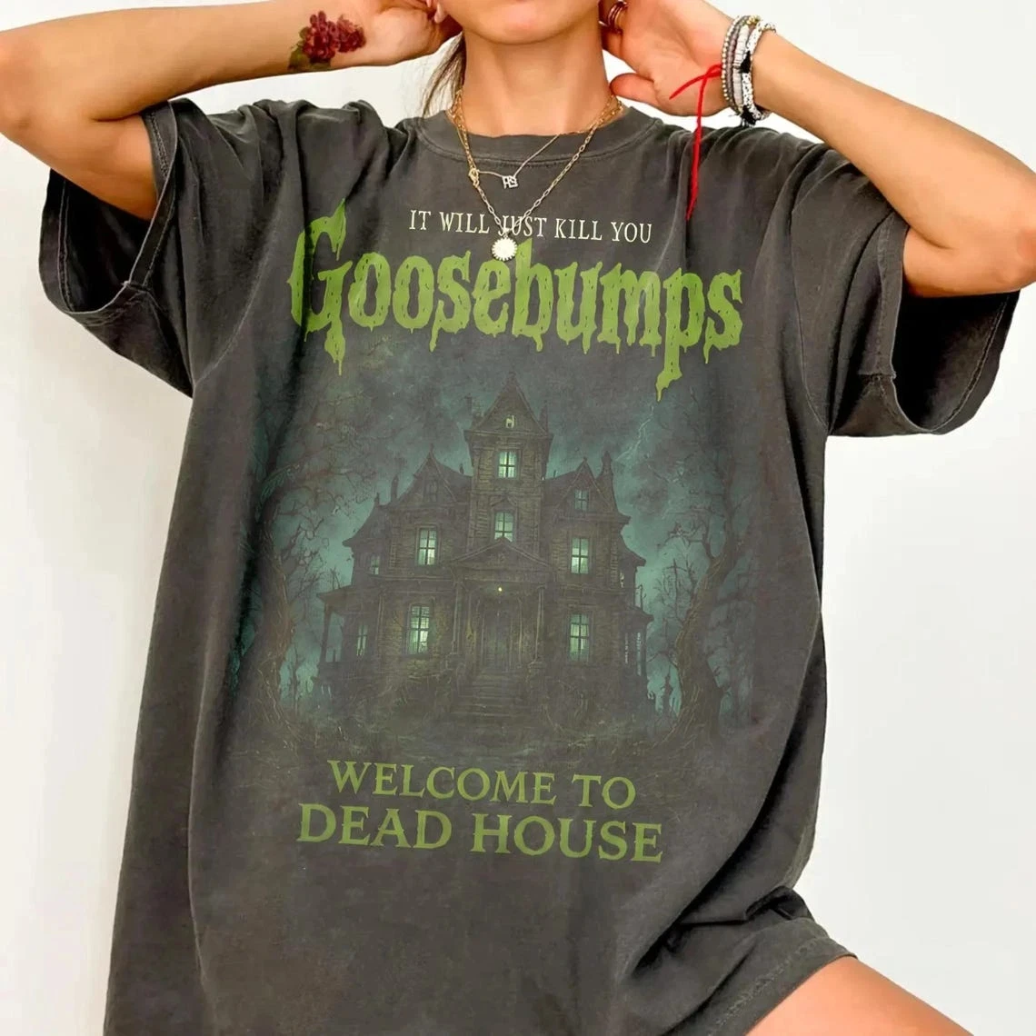 Vintage Goosebumps Haunted House Horror Halloween Shirt T-Shirt mit Grafikdruck, Kurzarm, für Unisex, für alle Jahreszeiten – Detail 6