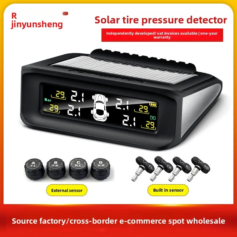 Solar Wireless TPMS Tire Pressure Monitoring System with 4 Internal and External Sensors, Digital Display Real Time Pressure