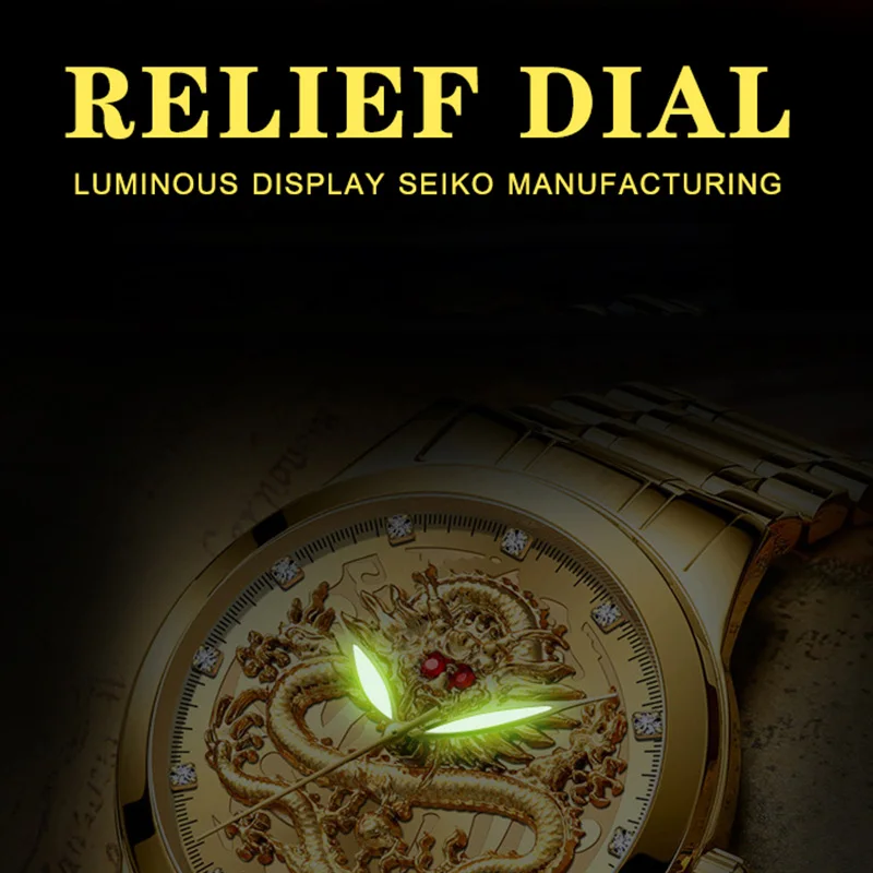 Reloj FNGEEN de lujo ultrafino para hombre, reloj de cuarzo con diseño de dragón luminoso, Color dorado, banda de acero inoxidable, reloj clásico para hombre