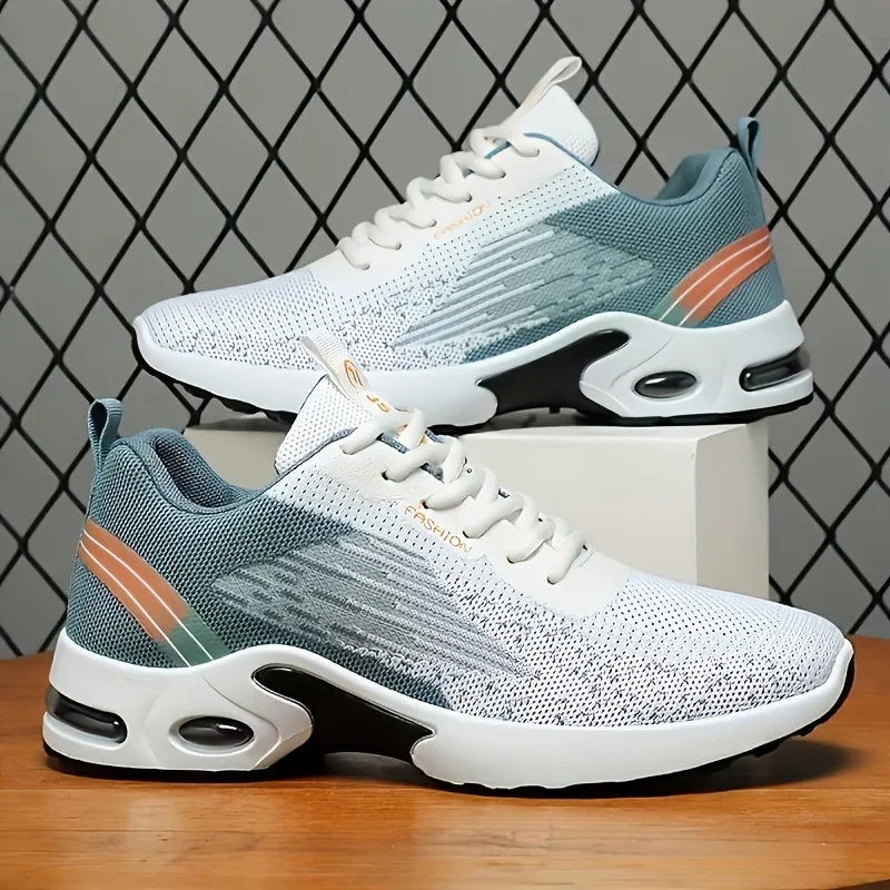 Men Breathable Flying Woven Mesh Running Shoes, Cushion Air Sole Shock Absorbing Athletic Sneakers, Lightweight Lace Up Non Slip Sports Trainers, Comfort Daily Walking Gym Workout Casual Shoes, Fashion Versatile Outdoor Jogging Footwear For All Seasons