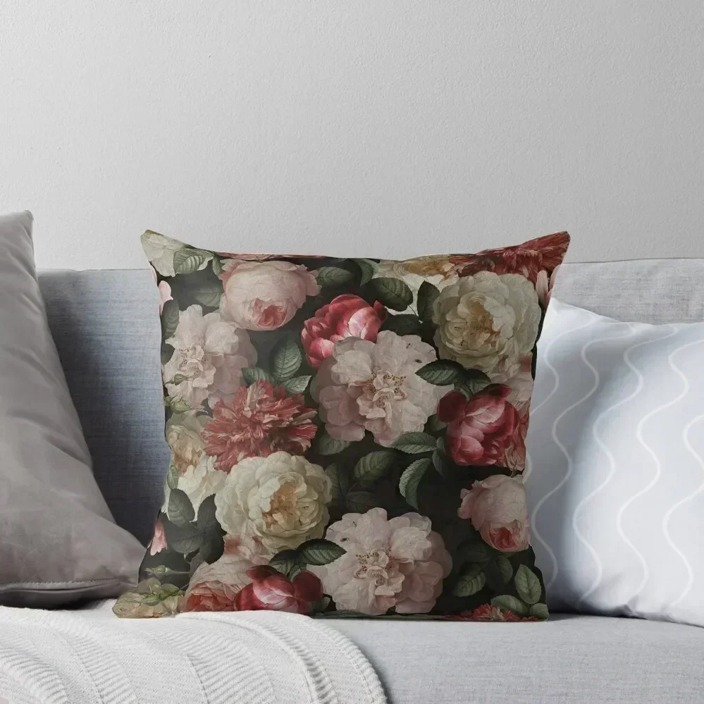 

Antique Jan Davidsz. de Heem Lush Roses Flowers On Black Botanical Night GardenPattern Throw Pillow