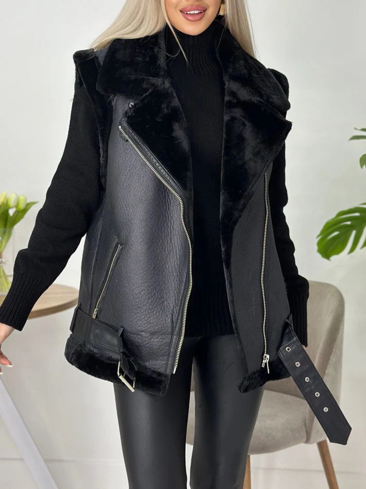 Ailegogo Streetwear Women Loose Thick Warm Sleeveless Faux Soft Fur Leather Vest Autumn Winter Female Zipper Belt Waistcoat Tops