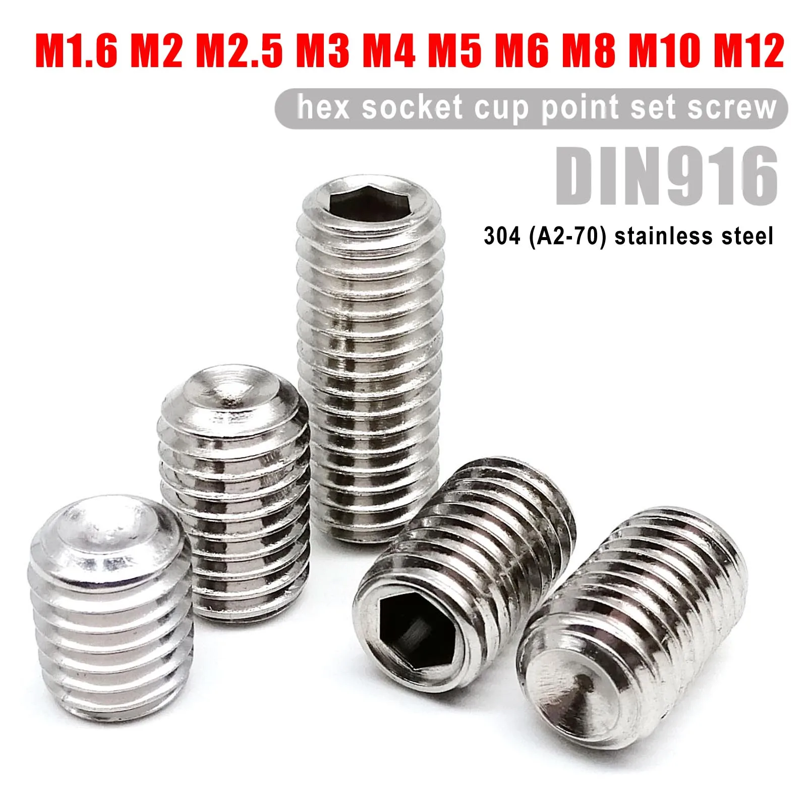 5/10/50pcs M1.6 M2 M2.5 M3 M4 M5 M6 M8 M10 M12 DIN916 Hexagon Socket Allen Cup Point Set Screw Grub Bolt A2 304 Stainless Steel