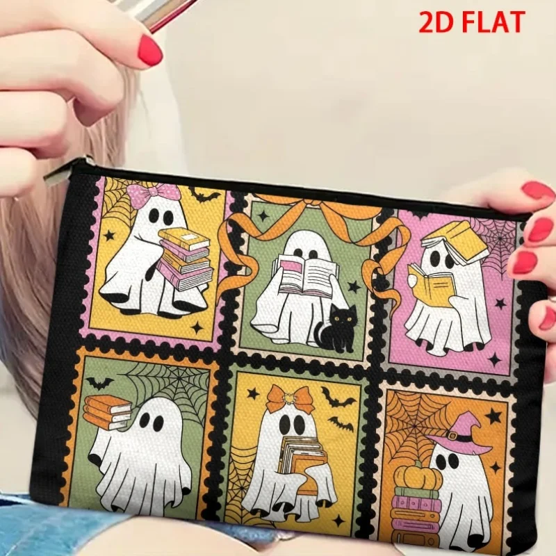 Halloween Reading Ghost Stamp Corduroy Cosmetic Bag Print Zipper Makeup Pouch Large Capacity Travel Storage Bag Women Gifts