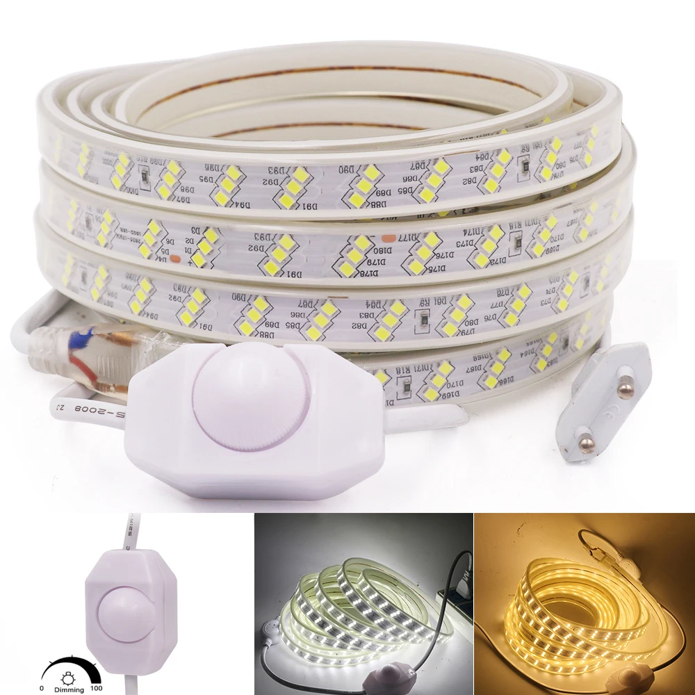 AC220V LED Strip Light + Dimmer SMD2835 180Leds/m High Bright Flexible LED Tape Waterproof LED Stripe Ribbon EU EU Plug 1-10m