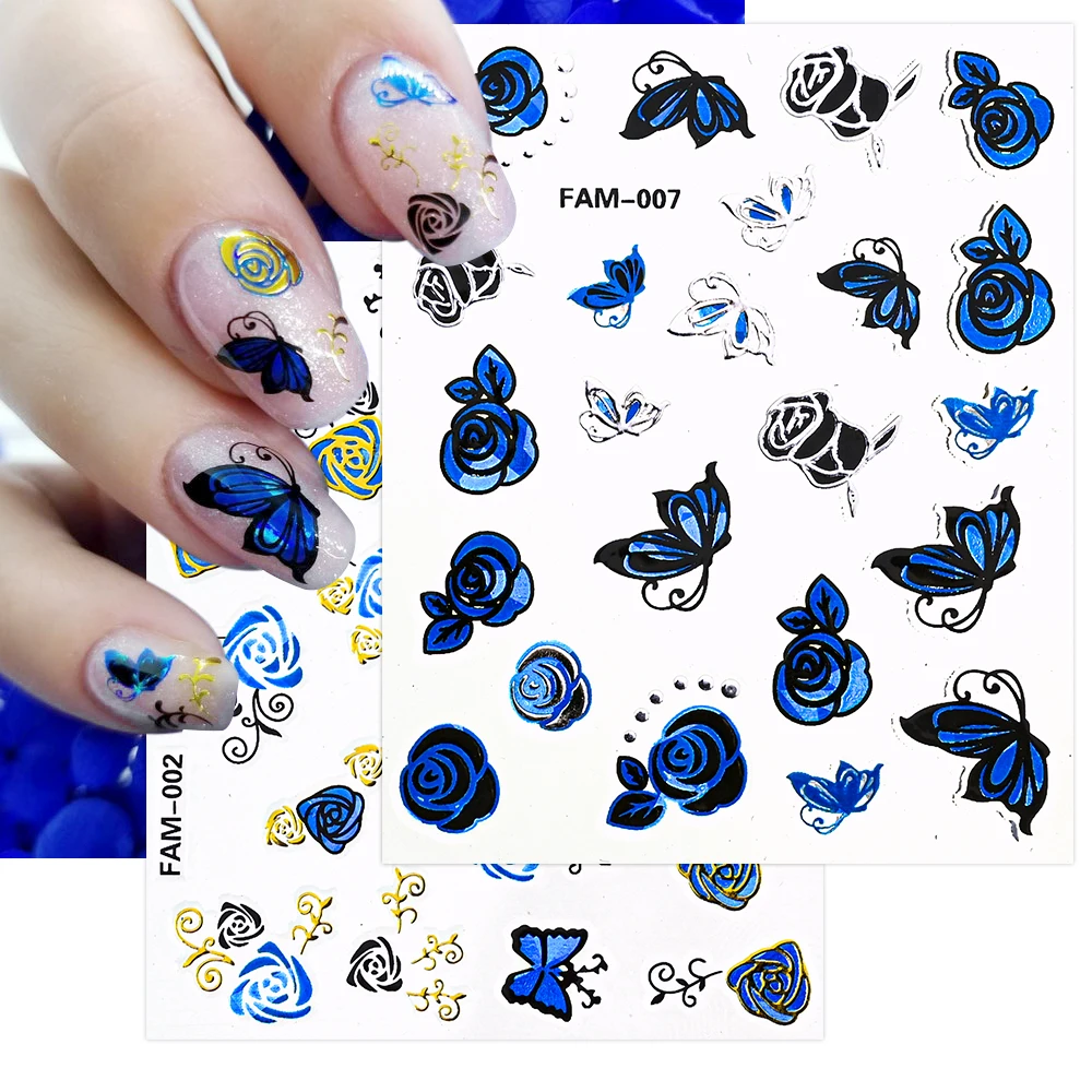 

30Sheets/Lot Blue Butterfly Nail Art Decals 3D Flowers Leaves Self Adhesive Sliders Nail Wraps Manicures DIY Foils Nail Stickers