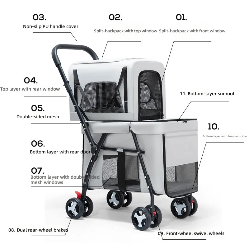 Double-layer Pet Cart, Separate Dog and Cat Carrier, Outdoor Lightweight, 2-level Design, Portable Travel Stroller