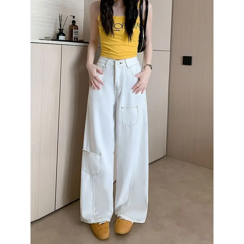 

American Retro Cleanfit Deconstructed Knife Jeans Women's Loose Casual Wide Leg Pants Cotton Polyester Blend Waed Denim