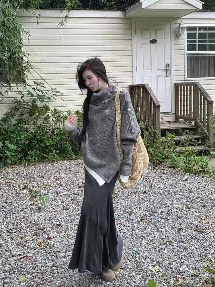 

Повседневное утягивающее женское вязаное пальто с высокой талией, свитер и юбка, комплект осень-зима, новый свободный комплект для ленивых студентов