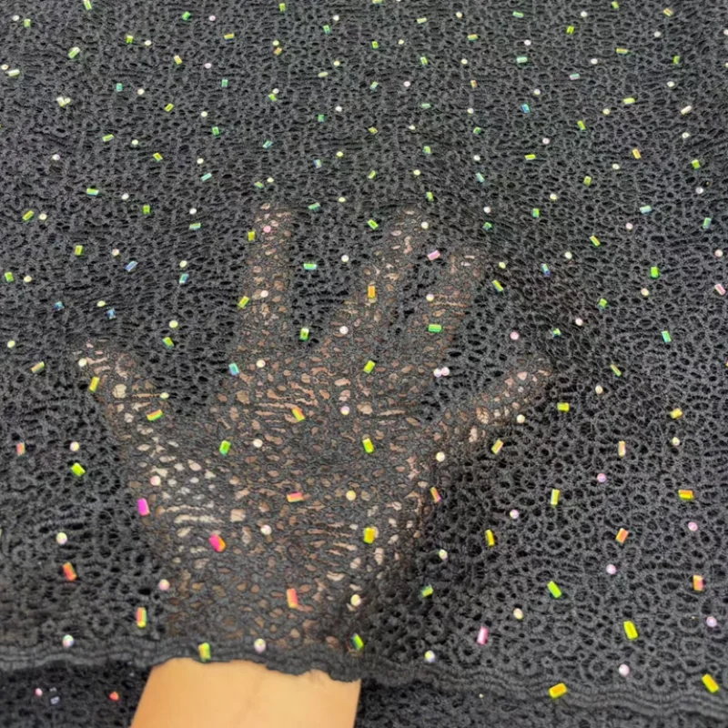 

High Quality Water Soluble Cord Lace Fabric Hollow Design Multicolor Rhinestone African Nigerian Lace Fabric 5 Yards for Dress