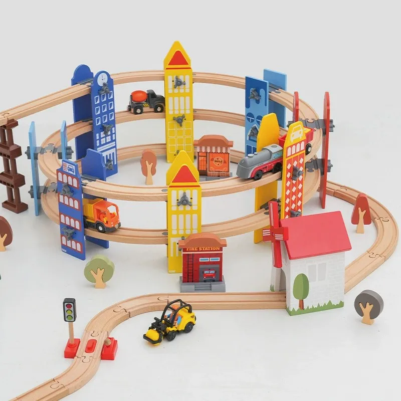 Windmill Wooden Track Set Multi-layer Spiral Urban Road Wooden Train Track Compatible with All Wood Tracks Train Toys for Kids