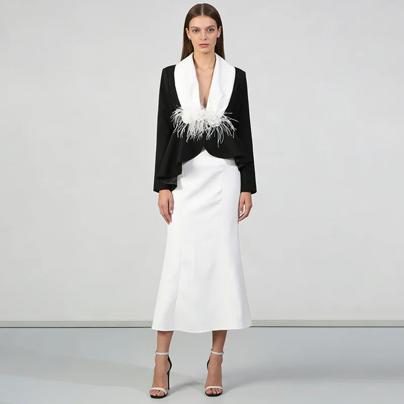 Celebrity style contrasting skirt set, deep V-neck waist short suit + high waist and thin fishtail skirt