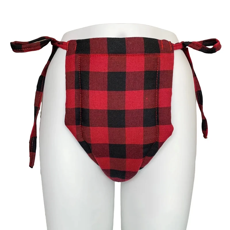 Handmade Red Checkered Pure Cotton Briefs With Thick Padding ABDL Washable Diaper Panties Lace up Underwear Reusable