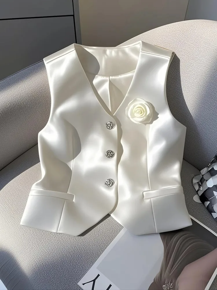 

New Satin White Jacket Vest V-neck Single Breasted Slim Fit Short Coats Elegant Women Office Lady Temperament Tops Spring Summer