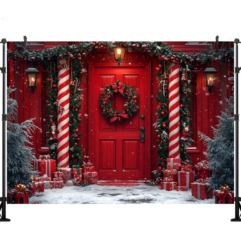 LS Christmas Photography Background Xmas Tree Wooden Door Wreath Holiday Decor Children Portrait Photo Backdrops Studio Props