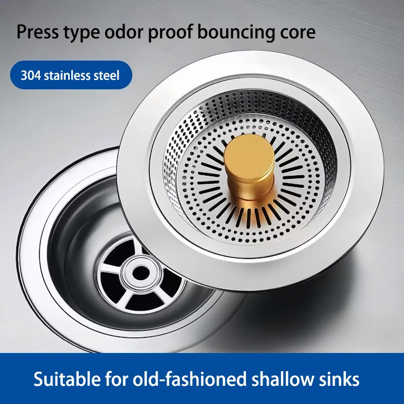 Stainless Steel Kitchen Sink Filter Basket Pop‑up Stopper Press Type Sink Drain Strainer Anti‑clog Water Stopper Drain Accessory