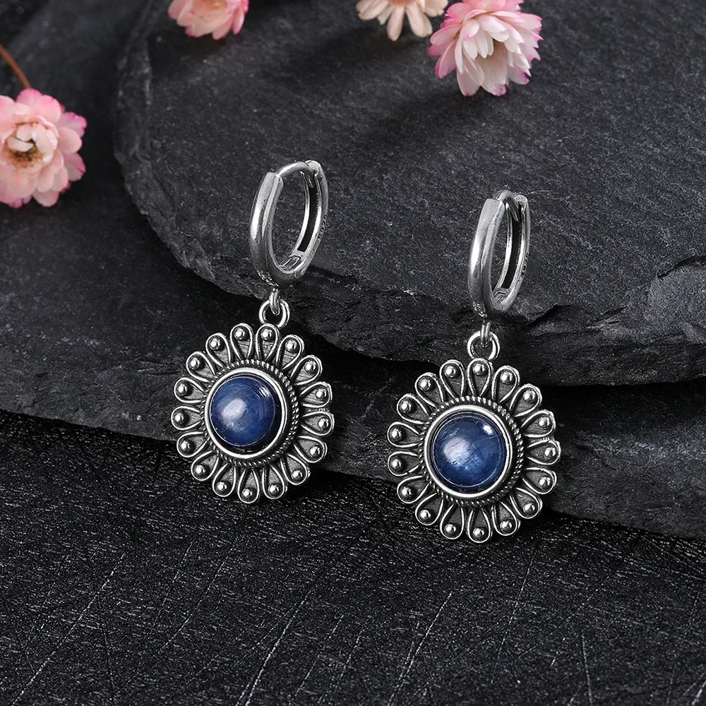 Pendientes de cianita Natural para mujer, aretes de aro de labradorita de Plata de Ley 925 con forma de flor, regalo de joyería de aniversario