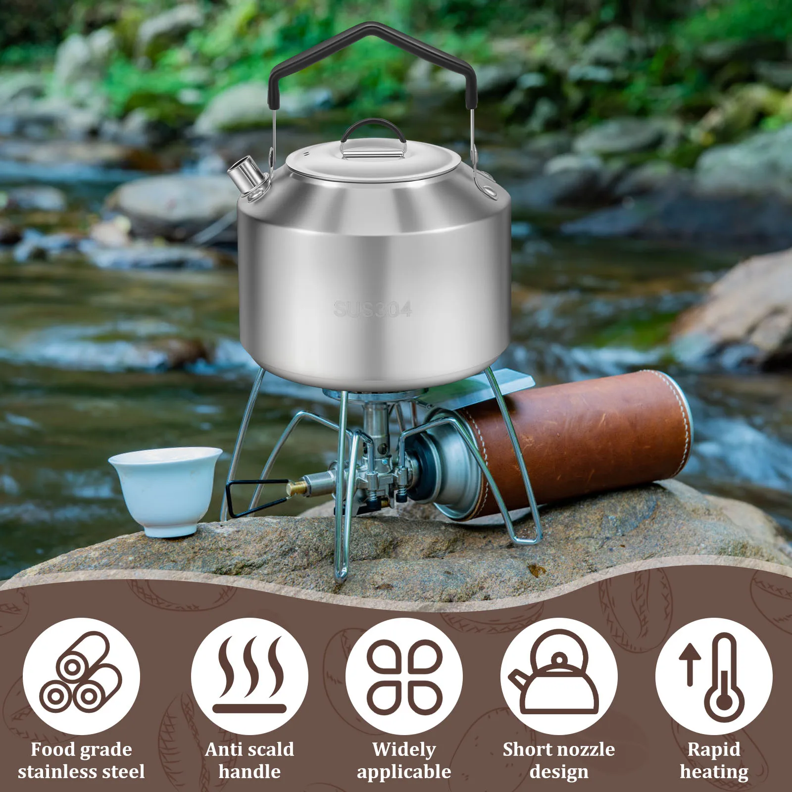 Bollitore da campeggio con manico antiscottatura Teiera da campo portatile in acciaio inossidabile per viaggi, attività all'aperto, teiera all'aperto