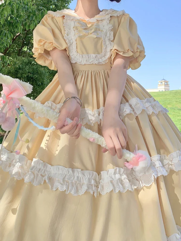 

Sweety Prairie Chic Lolita Ruffled Lace Kawaii Peter Pan Collar Puff Sleeve A-Line Princess Girly Japanese Fresh Dress