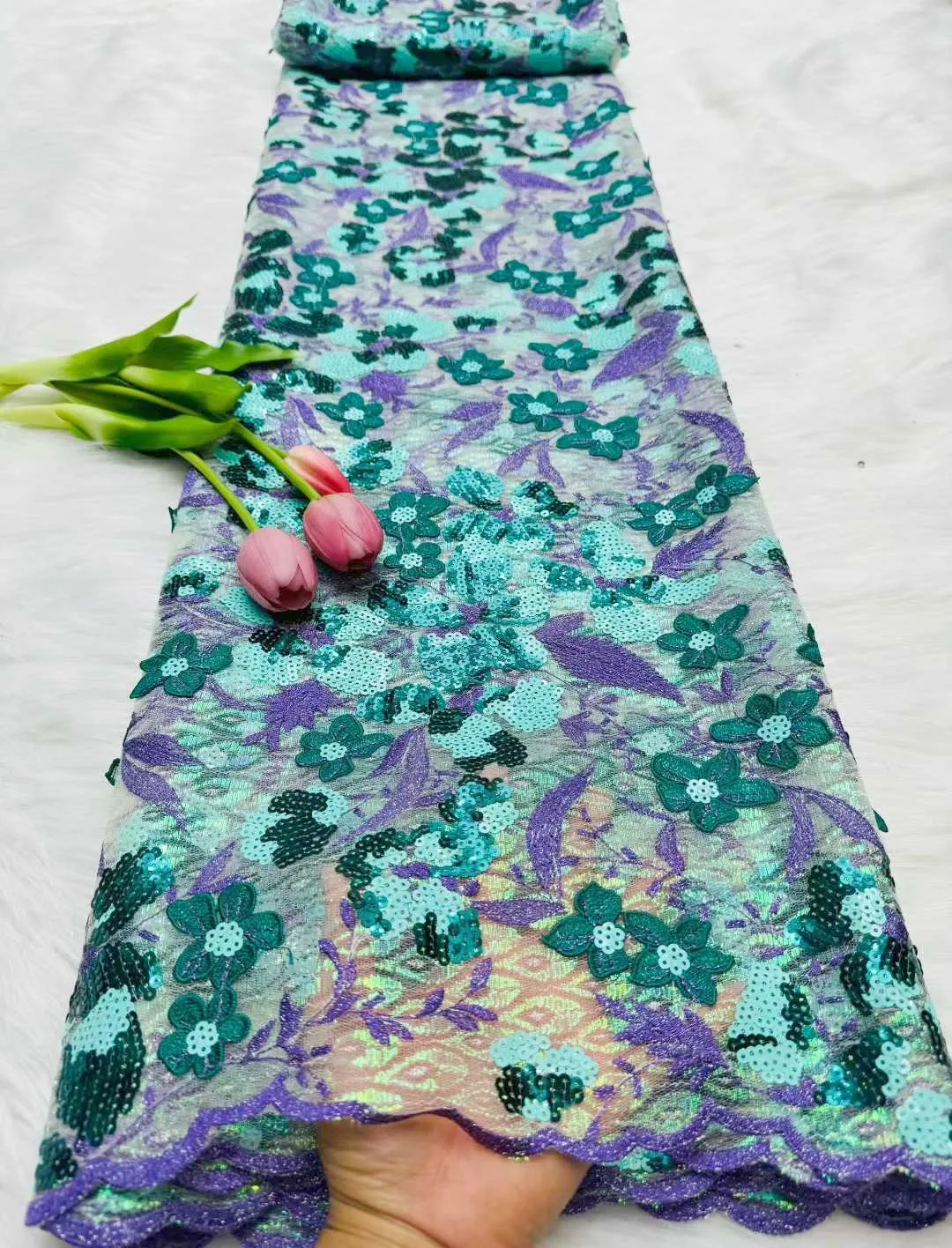 

High-Quality Shiny Sequins Tulle Lace Fabric Nigerian African Embroidery Mesh for Party Asoebi Dress Latest 2025 Style