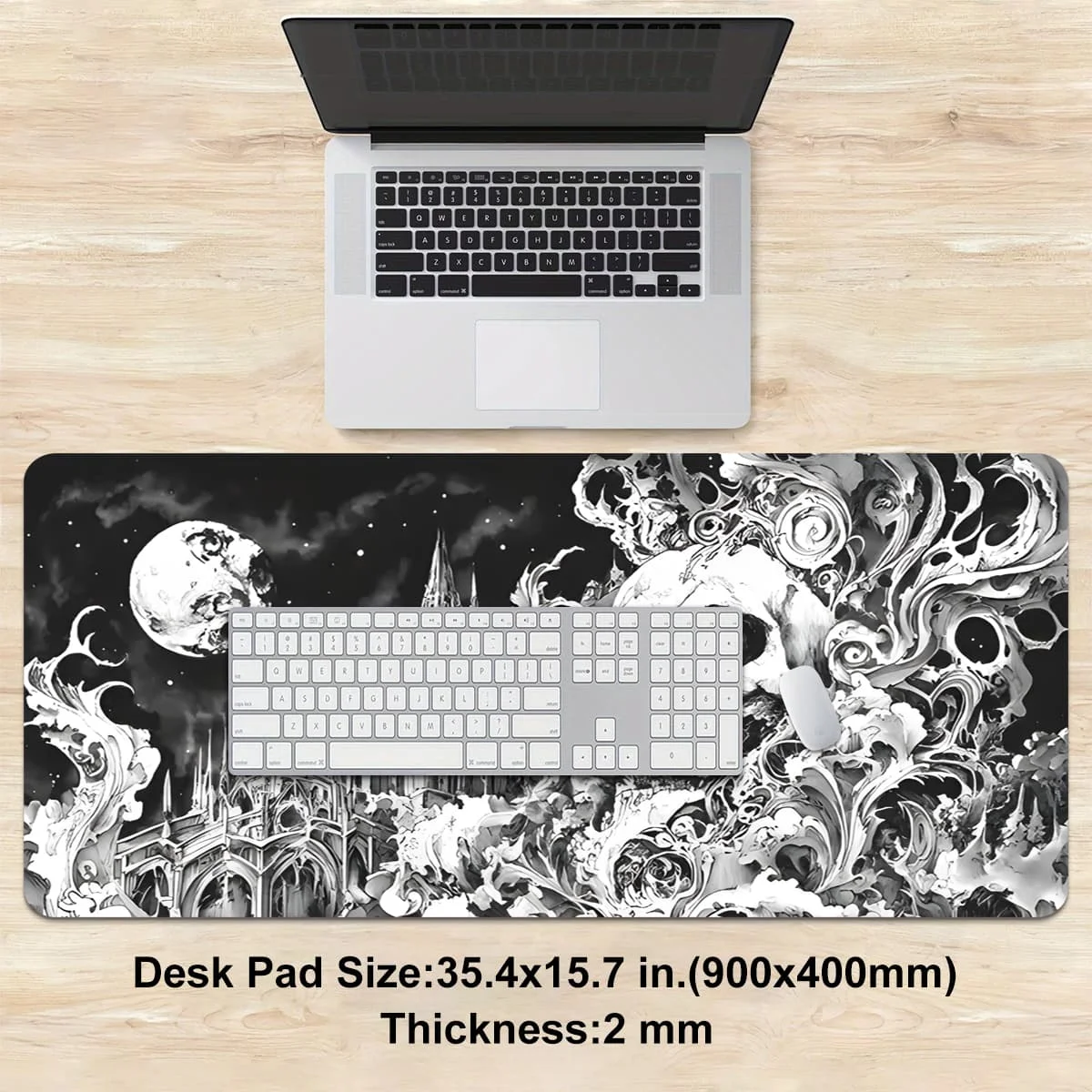 Schwarz-weißes Totenkopf-Schloss-Kunst-Mauspad, mehrere Größen, waschbar, rutschfest, genähte Kante, Computer-Schreibtischunterlage für Büro und Zuhause, ideales Geschenk