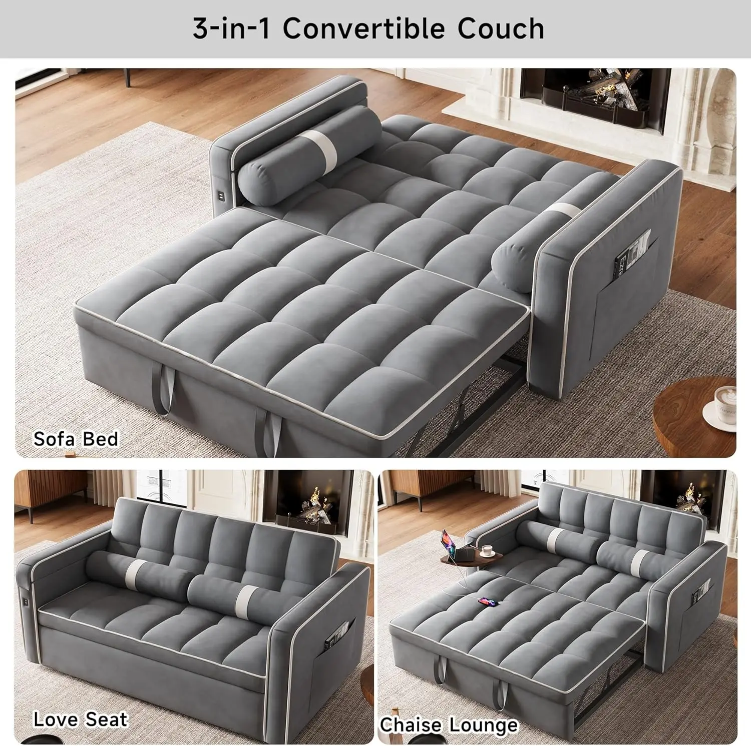 Convertible Love Seat Couch, 3 em 1 sofá-cama, mesa lateral, Sofá Futon adornado com cama dobrável, Encosto ajustável