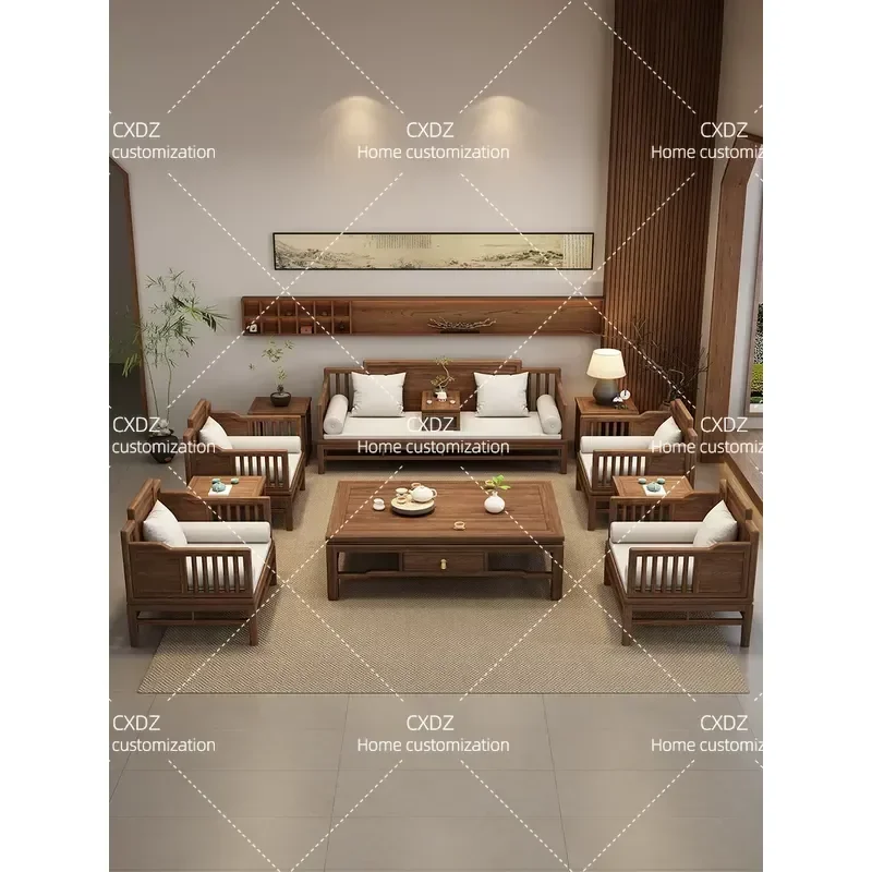 New Chinese Style Walnut Solid Wood Sofa Simple Zen Song Aesthetic Living Room Furniture 2026 Modern Minimalist Home Decor