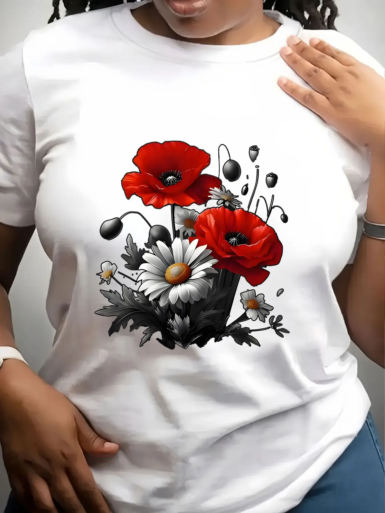 Women's Trendy Crew Neck T-Shirt Red Poppies and White Daisies Suitable for Casual Sportswear
