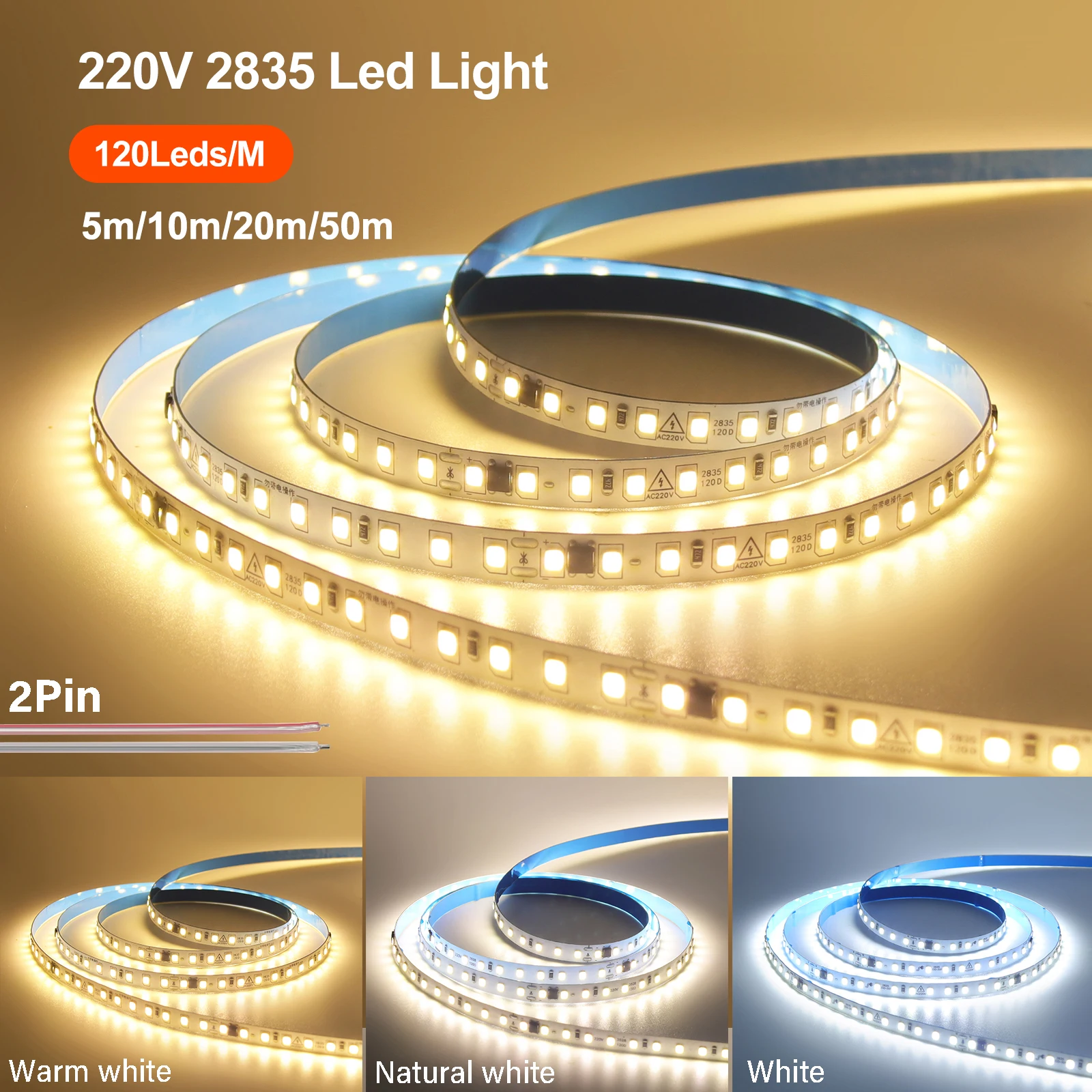 5M 10M 20M 50M AC220V LED Strip Light 2835 120LEDs 8mm Width Flexible Home Lamp With Adhesive Tape Led Light Warm/Natural/White