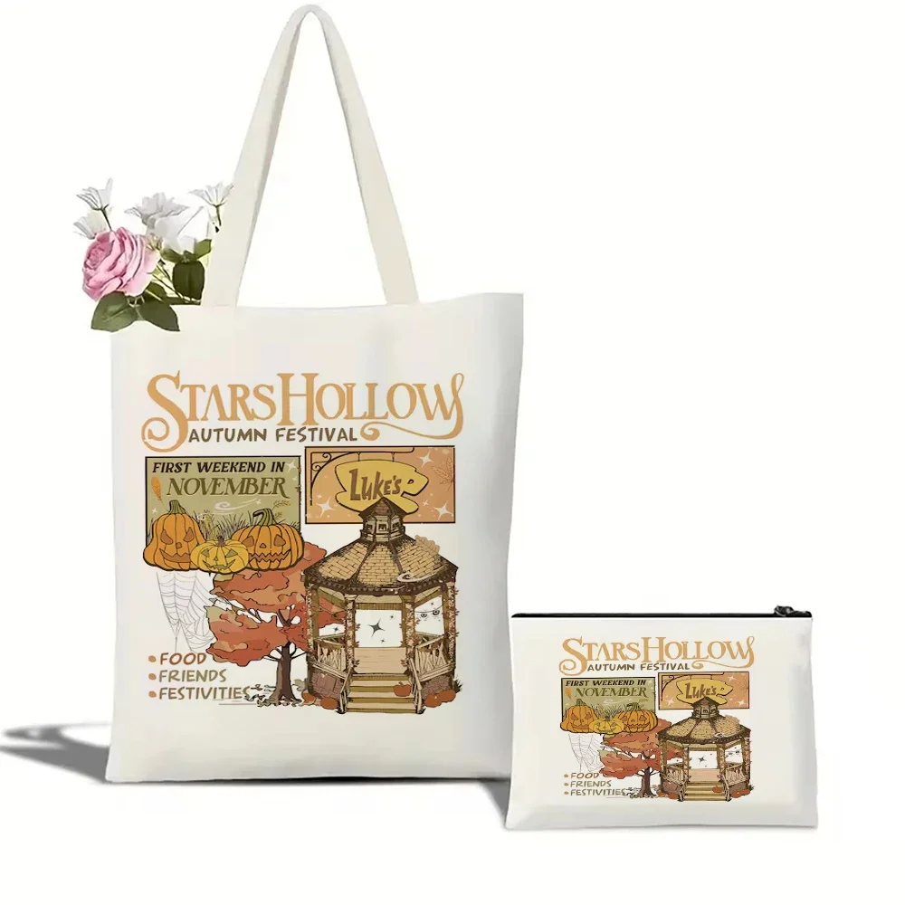 กระเป๋าผ้าแคนวาสลายเทศกาลฤดูใบไม้ร่วงสตาร์ส ฮอลโลว์ กระเป๋าสะพายไหล่ กระเป๋าถือสไตล์สาวรักษ์โลก กระเป๋าช้อปปิ้งขนาดใหญ่