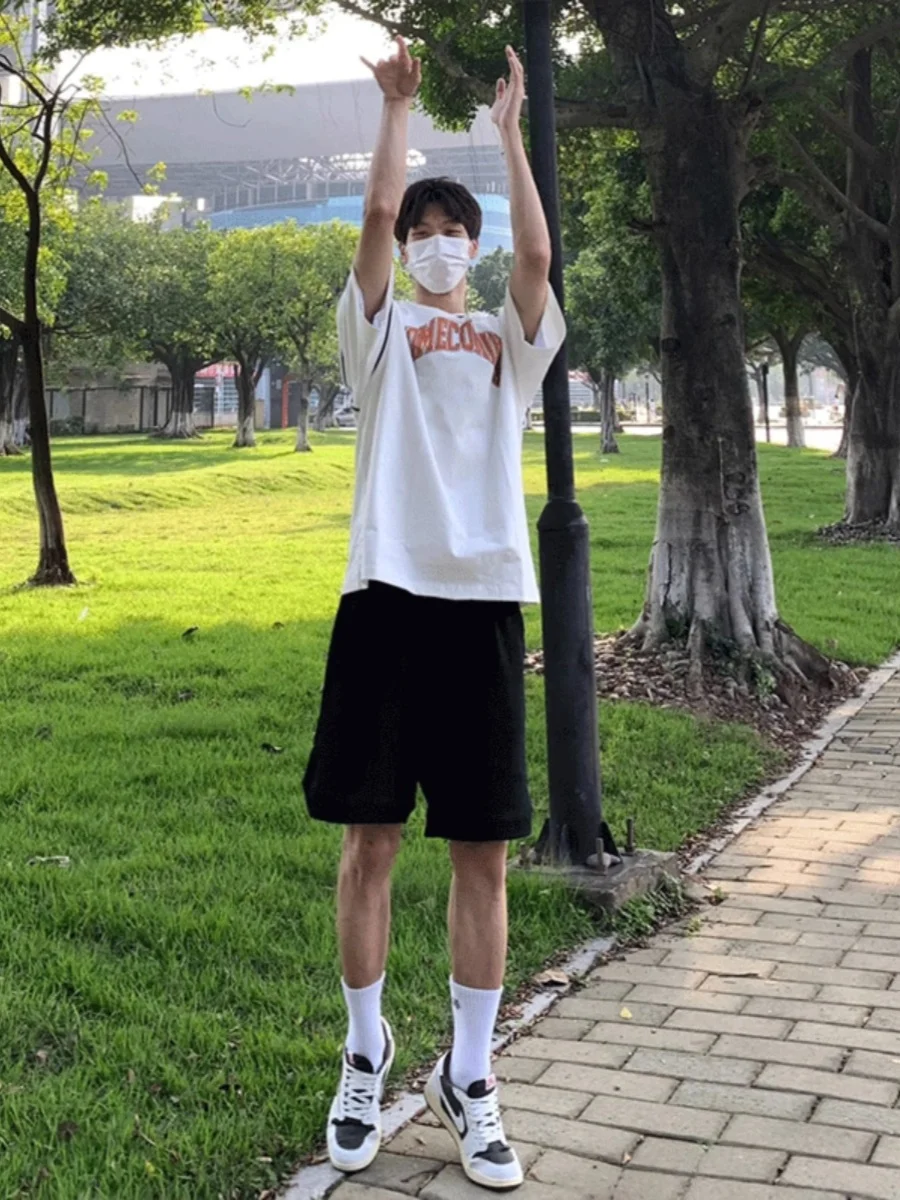 

American Retro Color Elastic Waist Sports orts Men's Summer Hong Kong Sle Trendy Straight Tube Couple Dstring Fi...